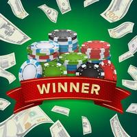 Winner Background Vector. Gambling Poker Chips Lucky Jackpot Illustration. For Online Casino, Playing Cards, Slots, Roulette. Money Stacks. Nightclub Billboard Concept. vector
