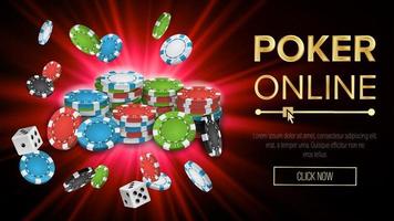 Online Poker Vector. Gambling Casino Banner Sign. Explosion Chips, Playing Dice. Jackpot Casino Billboard, Signage, Marketing Luxury Banner, Poster Illustration.
