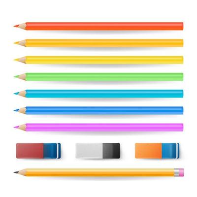 Colored Pencils Isolated Set Vector. Realistic Eraser And School Tools Crayons Isolated On White Illustration