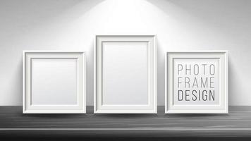 Realistic Blank Picture Frame Vector. Light Wood and Dark Wood Picture Frames Mock Up. Wooden Table On Interior Background. Front View. Realistic Design Template. Modern Clean Interior Illustration. vector