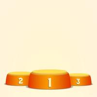 Empty Vector Podium. Round Winners Pedestal Concept With First, Second And Third Place For Award Ceremony. Yellow 3D Stage. Realistic Platform.