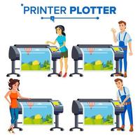 Workers With Plotter Set Vector. Woman, Man. Prints Beautiful Picture, Banner. Print Service. Large Format Multifunction Printer. Polygraphy. Full Color Latex, Laser Printer. Printshop. Illustration vector