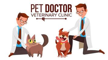 Veterinarian Male Vector. Dog And Cat. Clinic For Animals. Pet Doctor. Treatment For Wild, Domestic Animals. Isolated Flat Cartoon Illustration vector