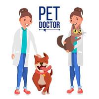 Veterinarian Woman Vector. Dog And Cat. Clinic For Animals. Pet Doctor, Nurse. Treatment For Wild, Domestic Animals. Isolated Flat Cartoon Illustration vector