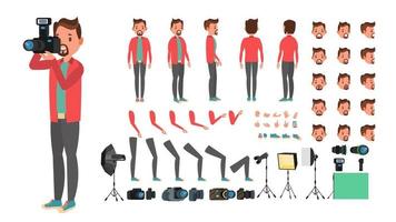 Photographer Vector. Taking Pictures. Animated Man Character Creation Set. Full Length, Front, Side, Back View, Accessories, Poses, Face Emotions, Gestures. Isolated Flat Cartoon Illustration vector