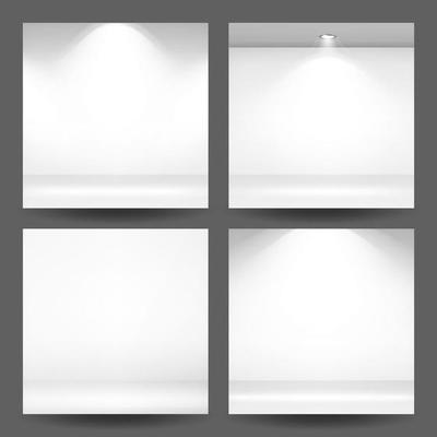 Empty White Photo Studio Interior Background Set. Clean Iight Interior Scene Mock Up. Realistic Empty White Wall. Vector Illustration.