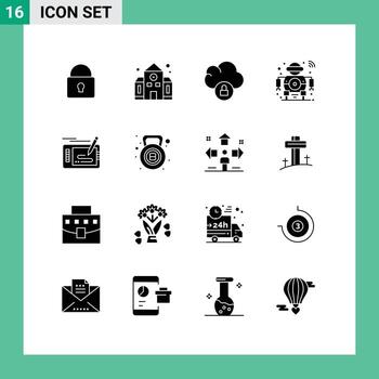 conjunto de pictogramas de 16 glifos sólidos simples de elementos de diseño vectorial editables de robot inteligente de nube de tecnología de juego vector