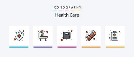 la línea de atención médica llenó un paquete de 5 iconos, incluido el médico. dieta. cama de paciente. Cama de hospital. diseño de iconos creativos vector