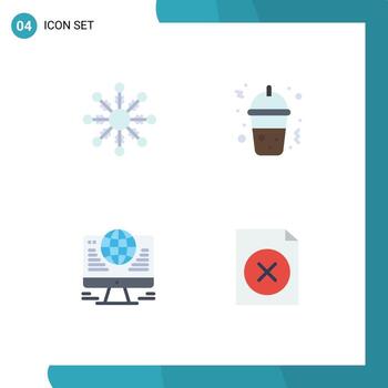 Modern Set of 4 Flat Icons Pictograph of flake network frappe computer document Editable Vector Design Elements