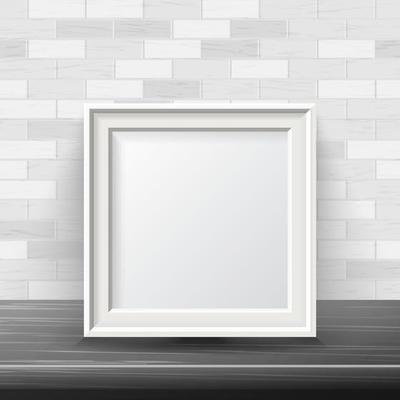 Vertical Square Frame Mock Up Vector. Good For Your Exhibition Design. Realistic Shadows. White Brick Wall Background. Front View Illustration.