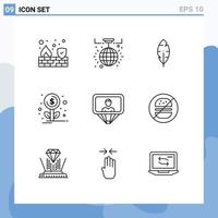 9 Thematic Vector Outlines and Editable Symbols of login profile feather user growth Editable Vector Design Elements