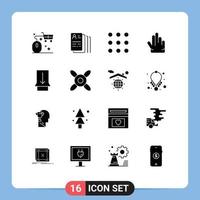 Pack of 16 Modern Solid Glyphs Signs and Symbols for Web Print Media such as touch gesture search three fingers Editable Vector Design Elements