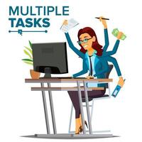 vector de mujer de negocios de múltiples tareas. muchas manos simultáneamente. ocupación financiera. trabajador talentoso. ilustración de dibujos animados plana