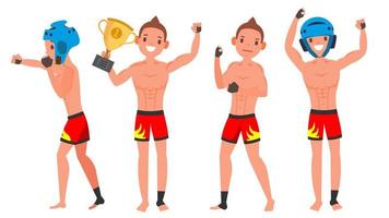 MMA Young Man Player Vector. Man. Fighters Fighting. Training Club. Poses Set. Flat Athlete Cartoon Illustration vector