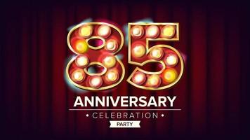 85 Years Anniversary Banner Vector. Eighty-five, Eighty-fifth Celebration. Shining Light Sign Number. For Business Cards, Postcards, Flyers, Gift Cards Design. Modern Red Background Illustration vector