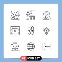 User Interface Pack of 9 Basic Outlines of face animal students play film Editable Vector Design Elements