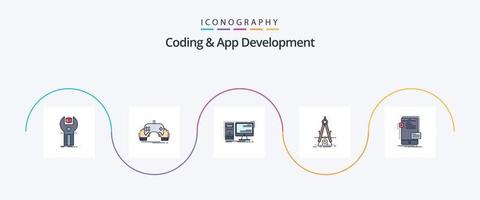 la línea de codificación y desarrollo de aplicaciones llenó el paquete de iconos planos 5 que incluye la medida. sistema. entretenimiento. puesto de trabajo. escritorio vector