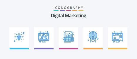 paquete de iconos azul 5 de marketing digital que incluye comprar. estrella. análisis. medalla. teclado. diseño de iconos creativos vector