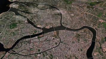 Satellite Saint-Petersburg map background loop. Spinning around city air footage. Seamless panorama rotating over downtown backdrop. video