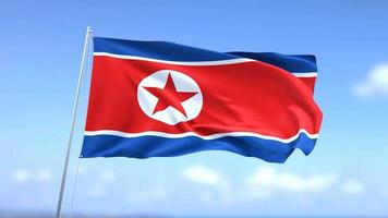 bandeira da coreia do norte acenando no fundo do céu azul. video
