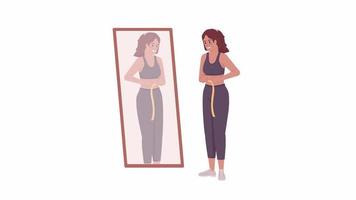 Animated woman in front of mirror. Maintain thin waist. Full body flat person on white background with alpha channel transparency. Colorful cartoon style 4K video footage of character for animation