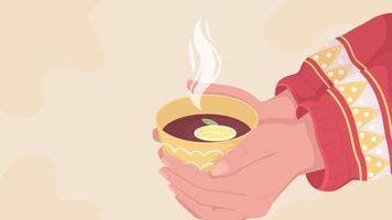 Animated cozy winter tea party. Warming up with hot lemon herbal drink. Looped flat color 2D cartoon first view hands animation with colorful background. Close up 4K video with alpha channel