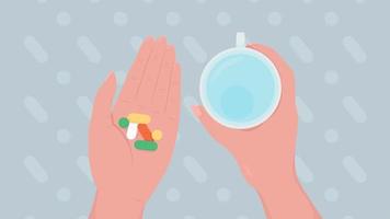 Animated nurse giving medication. Holding pills and glass of water. Looped flat color 2D cartoon first view hands animation with colorful background. Close up 4K video with alpha channel