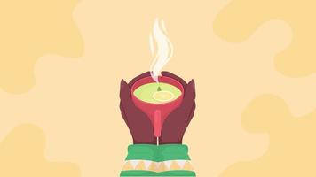 Animated healthy tea for wintertime. Hygge holiday party. Warming up palms. Looped flat color 2D cartoon first view hands animation with colorful background. Close up 4K video with alpha channel