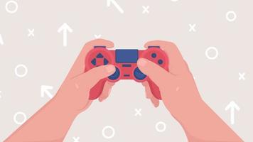 Animated using gaming controller. Pressing buttons. Handheld video game console. Looped flat color 2D cartoon first view hands animation with colorful background. Close up 4K video with alpha channel