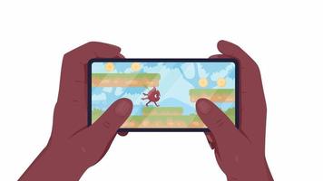 Animated playing game on smartphone. Game addiction. Flat first view hands on white background with alpha channel transparency. Colorful cartoon style 4K video footage of closeup arms for animation