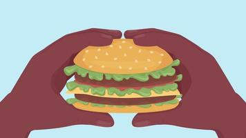 Animated eating fast food burger. Hamburger meal. Fresh-made cheeseburger. Looped flat color 2D cartoon first view hands animation with colorful background. Close up 4K video with alpha channel