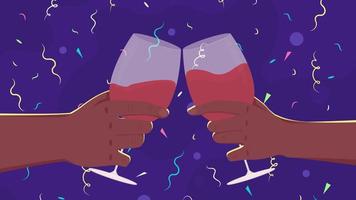 Animated celebratory toast tradition. Clinking glasses. Red wine drinking. Looped flat color 2D cartoon first view hands animation with colorful background. Close up 4K video with alpha channel