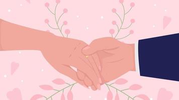 Animated engagement party. Celebrating upcoming wedding. Placing ring on finger. Looped flat color 2D cartoon first view hands animation with colorful background. Close up 4K video with alpha channel