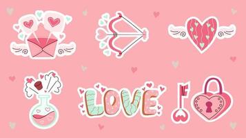 Love set. Cute stickers romantic elements. Doodle in cartoon style. Valentines day. Vector illustration for design.