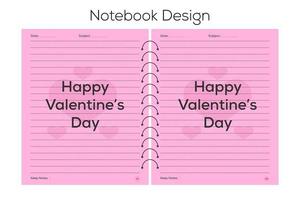 diseño de plantilla de portada de cuaderno del día de san valentín, cuaderno de amor o bloc de notas vector