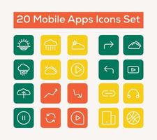 20 Essential Mobile Apps Icon Set, Weather Icon Set, Play Button, Download Button, Arrow Key Icon, Sun Symbol, Cloud, Vally Ball Thunder Pro Icon Vector