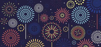 Holiday celebration panorama with firework show background design. vector