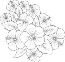 ramo de hibisco, de diseño floral para tarjeta o impresión. ilustración de flores pintadas a mano aislada en fondos blancos, páginas para colorear florales de tinta grabada y libros para imprimir. vector