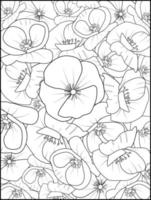 Pattern with flowers of poppy. Outline print with blossoms, leaves, and buds on a white. A drawing with ink contours of red poppis. Tropical trendy exotic floral poster or coloring page. vector