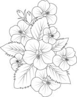 ilustración de vector de flor de hibisco de un hermoso ramo de flores, libro de coloreado a mano de claveles artísticos, flores de flor aislados en el diseño de tatuaje de fondo blanco.