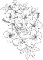 Hibiscus flowers illustration coloring page, simplicity, Embellishment, monochrome, vector art, Outline print with blossoms gillyflower, leaves, and buds isolated on a white background.