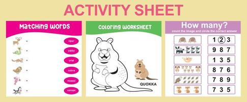 Educational printable worksheet. Activity sheet for children with animal theme. Coloring sheet, matching words, counting how many activity. Vector file.