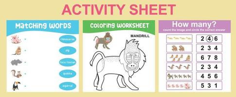 Educational printable worksheet. Activity sheet for children with animal theme. Coloring sheet, matching words, counting how many activity. Vector file.