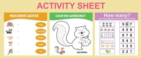 Educational printable worksheet. Activity sheet for children with animal theme. Coloring sheet, matching words, counting how many activity. Vector file.