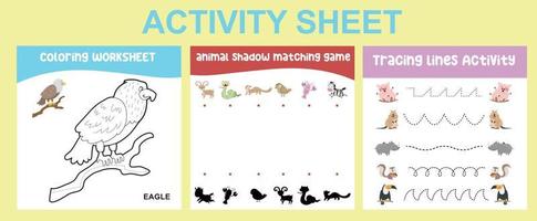 Educational printable worksheet. Activity sheet for children with animal theme. Coloring sheet, matching game, and tracing activity. Vector illustrations.