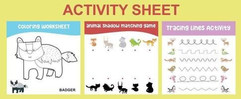 Educational printable worksheet. Activity sheet for children with animal theme. Coloring sheet, matching game, and tracing activity. Vector illustrations.