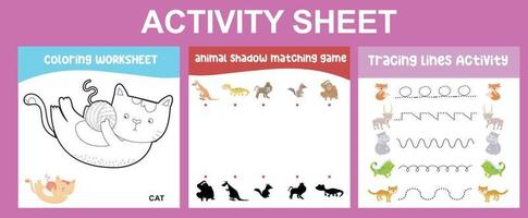 Educational printable worksheet. Activity sheet for children with animal theme. Coloring sheet, matching game, and tracing activity. Vector illustrations.