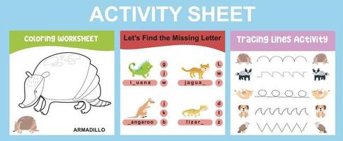 Educational printable worksheet. Activity sheet for children with animal theme. Coloring sheet, find the missing letter, and tracing activity. Vector illustrations.