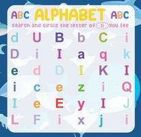 Search and circle the uppercase and lowercase letter on the worksheet. Exercise for children to recognize the alphabet. Educational sheet for preschool. Vector file.