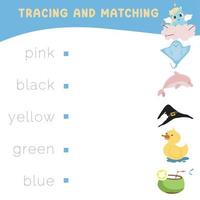 Trace and matching words with pictures. Exercise for children to recognize color. Educational worksheet for preschool. Vector file.